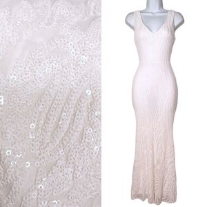 SANDY DELLORE  White Sequin Snow Queen Sleeveless Mermaid Maxi Dress Small NWT